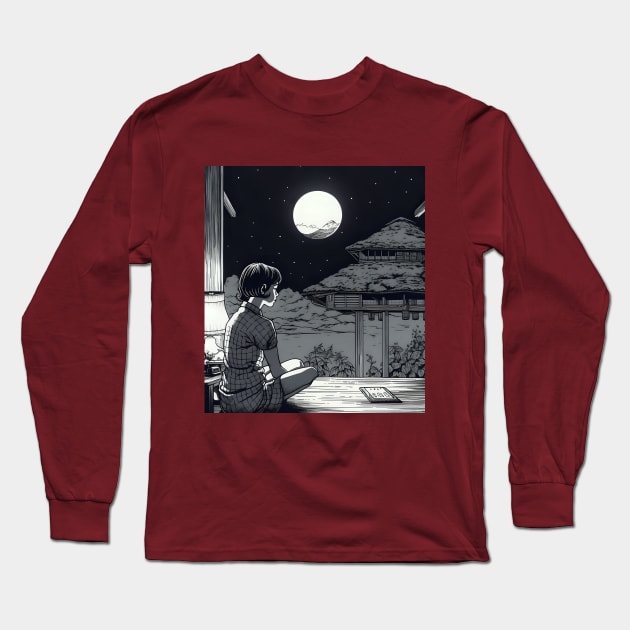 Lonely woman looking at moon on balcony Long Sleeve T-Shirt by KOTYA